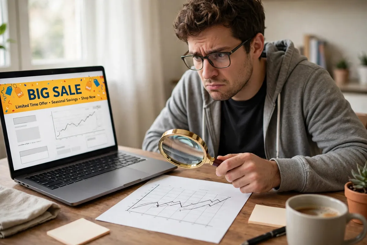 A shopper looking carefully at a big sale banner on a laptop screen while holding a magnifying glass over a price chart