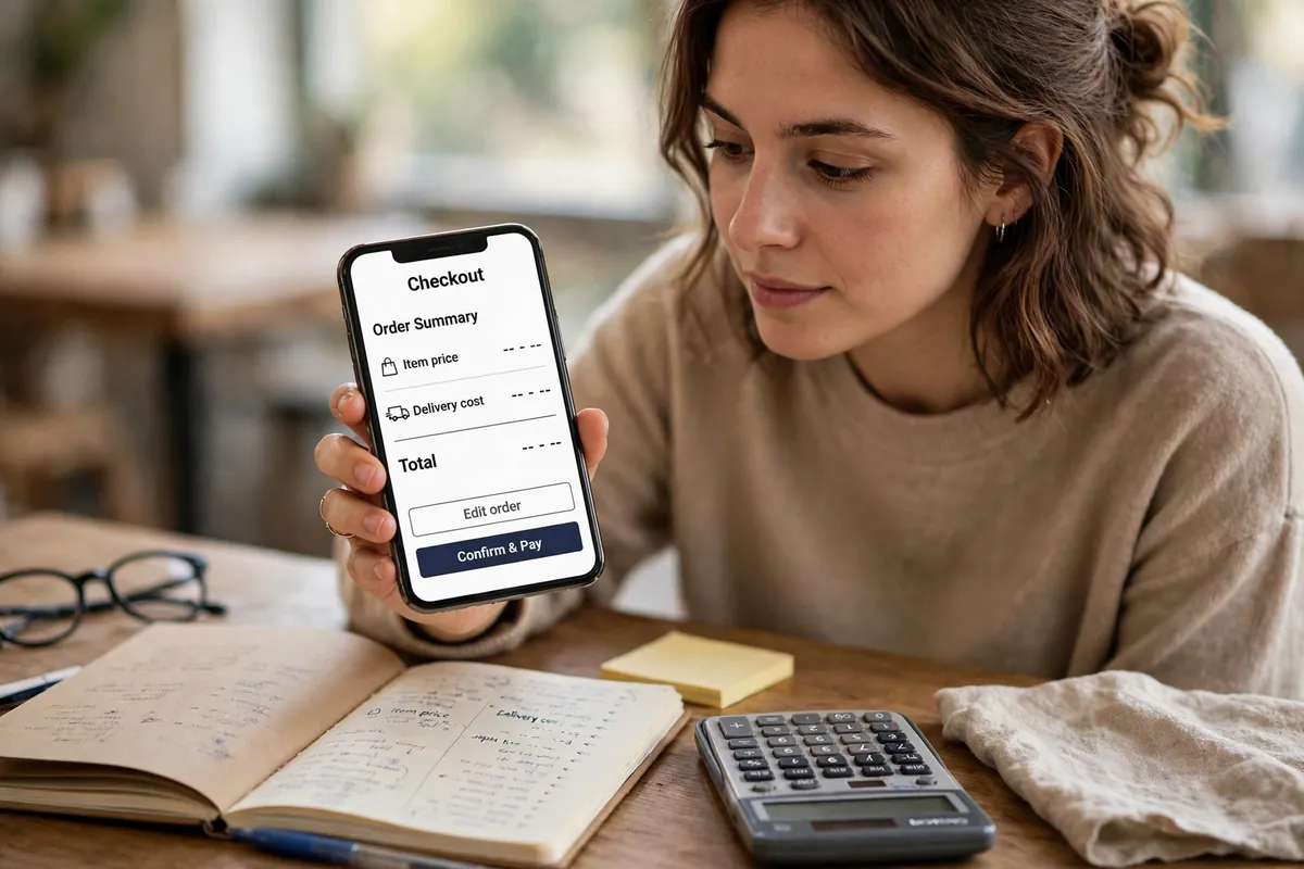 A shopper checking a phone checkout screen showing item price plus delivery cost, with a notebook and calculator on a table