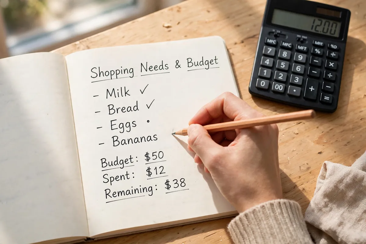 Hands writing a simple needs and budget list in a notebook, with a pencil and calculator nearby