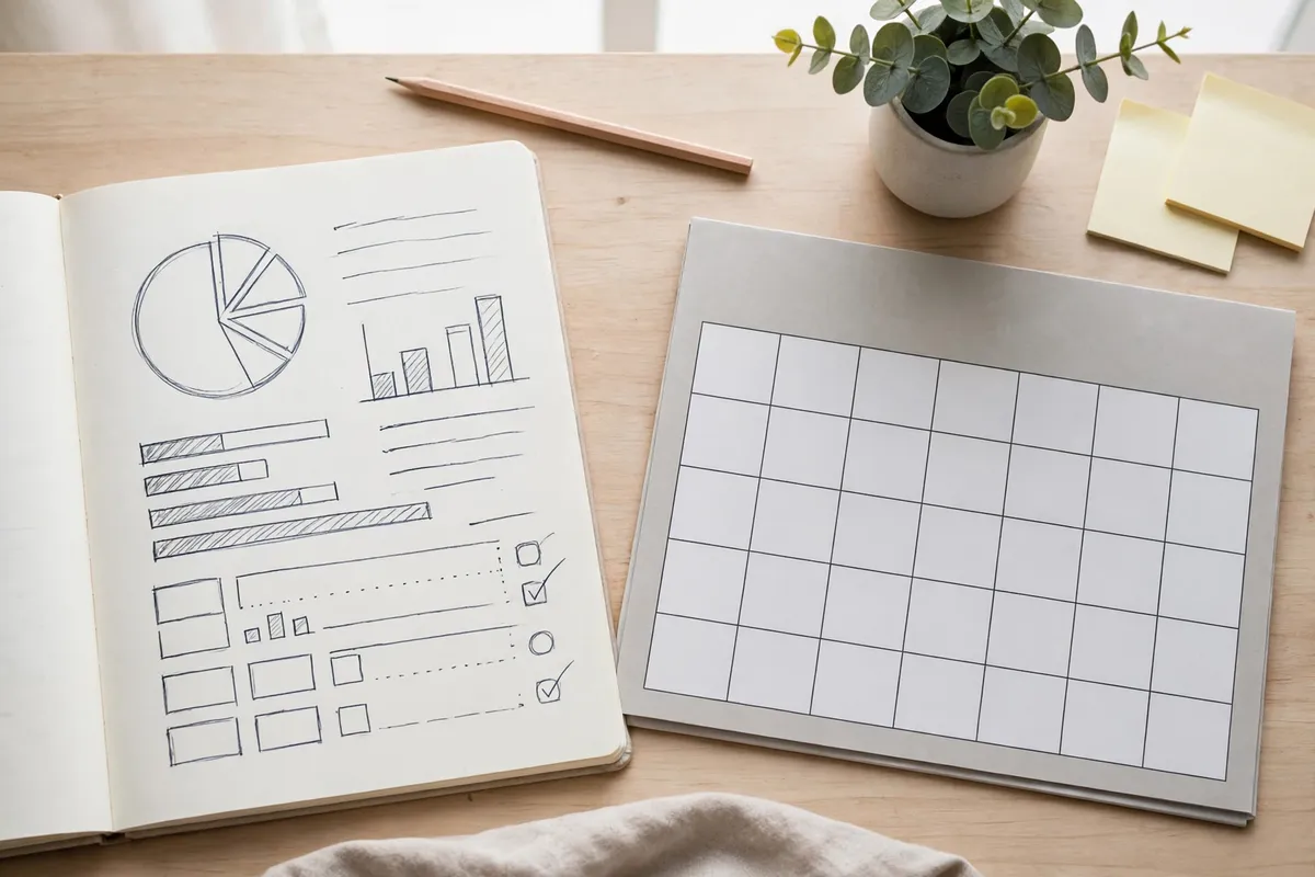 A notebook with a simple budget plan next to a blank monthly calendar