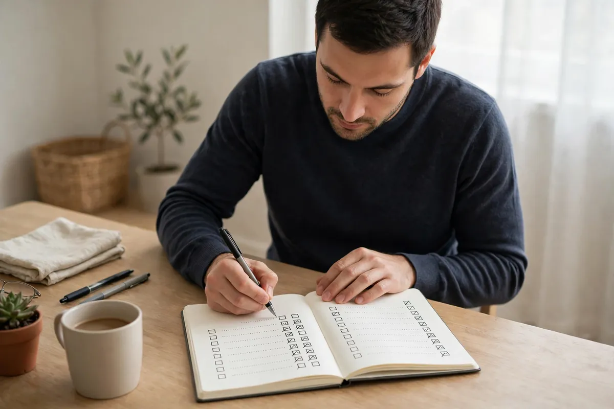 A person writing a monthly expenses checklist in a notebook at home