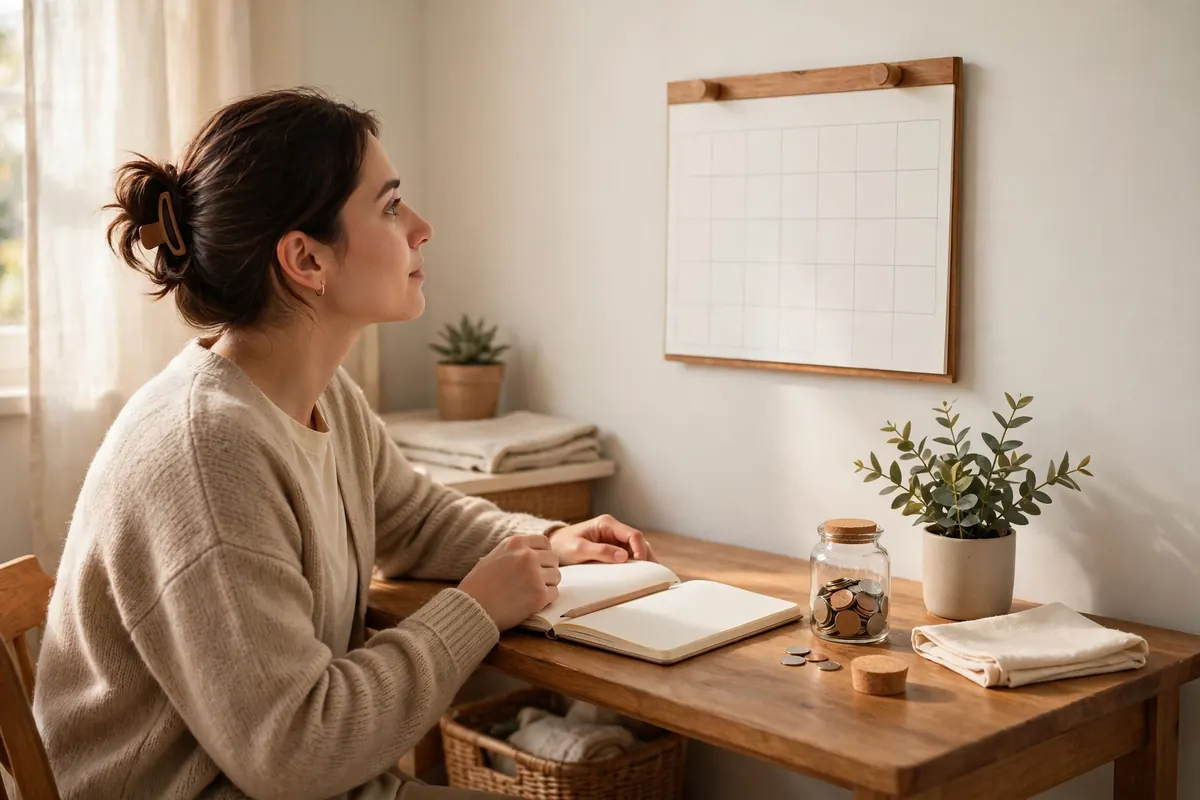 A person following a monthly payday routine with a simple calendar and notebook at the start of the month