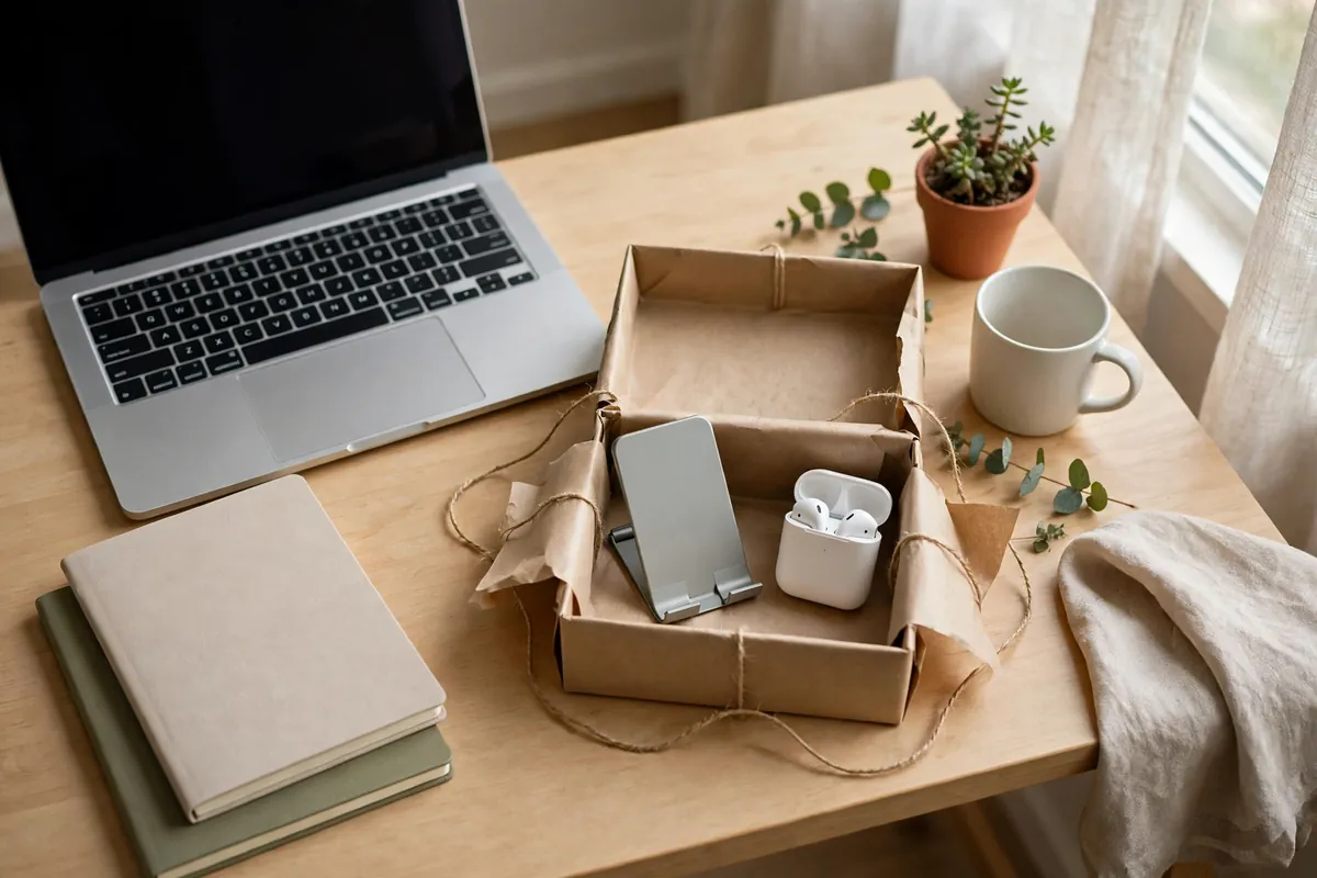 A student desk with a laptop, notebooks, and a small opened tech gift showing a phone stand and earbuds