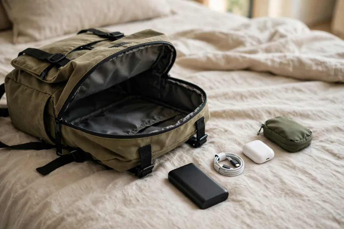An open travel backpack with small tech travel gifts laid out beside it, including a power bank, a short cable, earbuds, and a pouch
