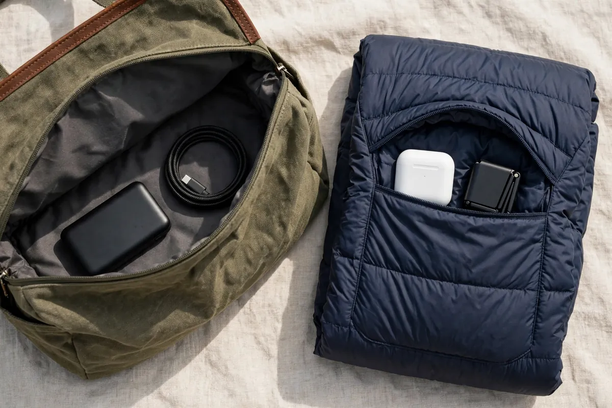 Small travel gadgets packed in a bag, including a power bank, earbuds, and a cable